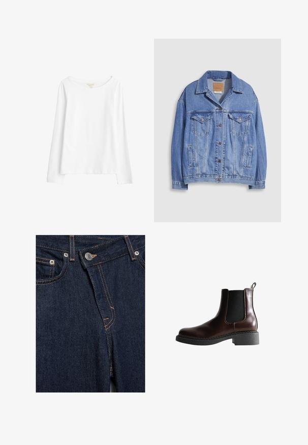 Veste en denim bleu clair avec col chemise, fermeture à boutons, deux poches poitrine et poches latérales. Texture usée et étiquette de marque visible.; Seasalt Cornwall T-shirt à manches longues - white salt; Gros plan sur le devant d'un jean en denim bleu foncé avec bouton métallique, braguette zippée, poches avant et détails de couture orange.; Bottine en cuir marron avec des panneaux élastiques sur les côtés, bout rond et semelle en caoutchouc noir texturé. Comprend des coutures contrastées et une languette.