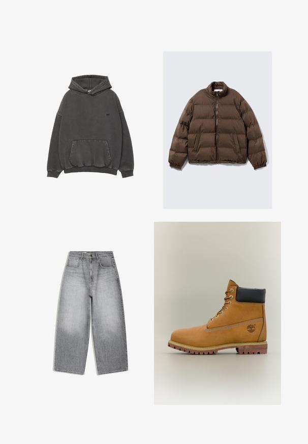 Veste matelassée marron avec col montant, fermeture éclair sur le devant, poignets élastiques et deux poches frontales inclinées sur fond uni.; Sweatshirt à capuche gris foncé avec poche kangourou à l'avant, poignets et ourlet côtelés, et petit logo noir brodé sur la poitrine.; Jean en denim gris taille haute avec une coupe large aux jambes, poches avant et fermeture à boutons, présenté à plat sur fond blanc.; Bottine en cuir marron avec col noir, lacets jaunes et semelle beige. Présente un logo et des détails de couture blanche. Semelle extérieure à traction robuste.