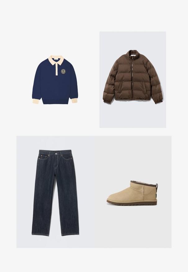 Brun quiltet pufferjakke med høj krave, frontlynlås, elastiske manchetter og to skrå frontlommer mod en ensfarvet baggrund.; Langærmet navy blå polo shirt med beige krave og manchetter, udstyret med et rundt emblem med tekst på venstre bryst.; Mørkeblå denimjeans med en lige pasform, bæltestropper, for- og baglommer samt kontrasterende syninger. Ingen synlige mønstre eller pynt.; Beige ruskindsankelstøvle med en rundet tå, som har en brun accent øverst. Blødt inderfor og tekstureret gummisål.