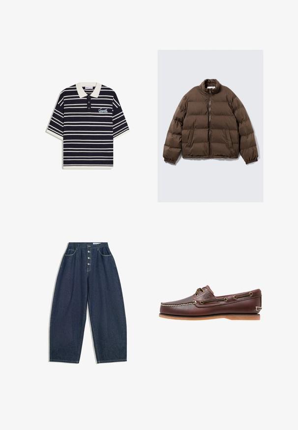 Veste matelassée marron avec col montant, fermeture éclair sur le devant, poignets élastiques et deux poches frontales inclinées sur fond uni.; Polo à manches courtes rayé bleu marine et blanc avec col blanc, patte à trois boutons et texte "Concept Archive Studio" sur la poitrine.; Pantalons en denim bleu foncé à jambes larges avec une taille haute, fermeture à cinq boutons et cinq poches. Présente des accents de couture sur les coutures.; Chaussure bateau en cuir marron avec coutures blanches, détails de lacets et semelle en caoutchouc beige, vue de côté sur fond blanc.
