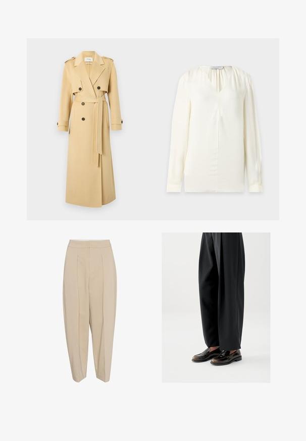 Lange beige trenchcoat met brede revers, dubbele rij knopen, tailleband en met knopen te sluiten mouwbandjes, weergegeven op een witte achtergrond.; Een crèmekleurige blouse met lange mouwen, een V-hals en subtiele plooien bij de hals, getoond op een effen achtergrond.; Beige op maat gemaakte broeken met een hoge taille, geplooide voorkant en taps toelopende pijpen. De stof lijkt glad met een subtiele glans. Geen zichtbare zakken.; Zwarte loafers met een glanzende leren afwerking, voorzien van een decoratieve band over de bovenkant, gecombineerd met loszittende zwarte broeken.