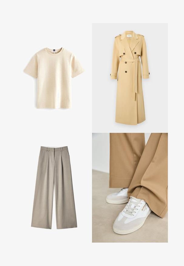 Lang beige trenchcoat med brede revers, dobbeltradede knapper, bælte i taljen og knaplukning på ærmekanterne, vist på hvid baggrund.; Beige kortærmet t-shirt lavet af blødt bomuld, med rund halsudskæring og en afslappet pasform med subtil tekstur.; Lys grå brede bukser fremstillet af glat stof, med flad front, plisseringer og sidelommer.; Hvide sneakers med ruskinddetaljer, strukturerede snørebånd og gummisål. Kombineret med løse, brune bukser. Logoet er vist på siden.