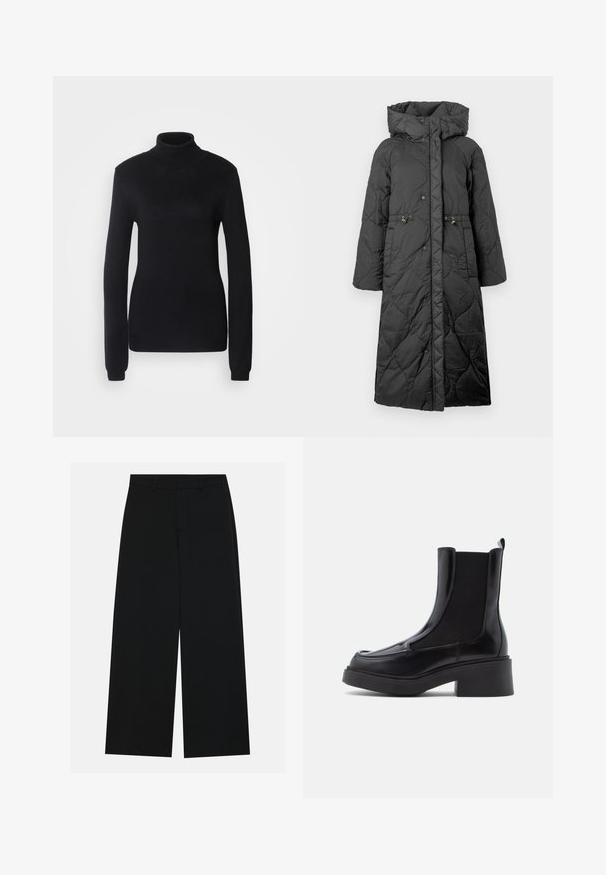 Sort quiltet lang frakke med hætte, der har trykknaplukning, snøre i taljen og en glat tekstur. Mønstret overflade med dæmpet glans.; Sort turtleneck sweater lavet af et blødt strikstof, med lange ærmer og en tætsiddende silhuet, der har ribbet krave og kant.; Breddebenede sorte bukser lavet af et glat stof. Har en flad talje med bæltestropper og ingen synlige lommer. Simpelt design.; Sorte chelsea støvler med en kraftig hæl, der har en blank læderoverdel og elastiske sidepaneler for nem påføring. Solid gummisål.