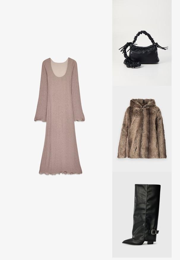 Abrigo de piel sintética en tonos marrones, con capucha, textura suave y ajuste relajado. La tela presenta diferentes longitudes de pelo para mayor detalle.; Largo vestido de color malva hecho de una tela texturizada que presenta un amplio escote en forma de barco y mangas acampanadas, con un detalle de dobladillo en forma de ondas.; Botas de cuero negro hasta el tobillo con punta afilada, textura suave y un detalle de hebilla plateada en el lado. Tacón cuadrado grueso.; Bolso de mano de imitación cuero negro con textura de cocodrilo, parte superior fruncida y correa arrugada. Presenta un diseño suave y compacto.