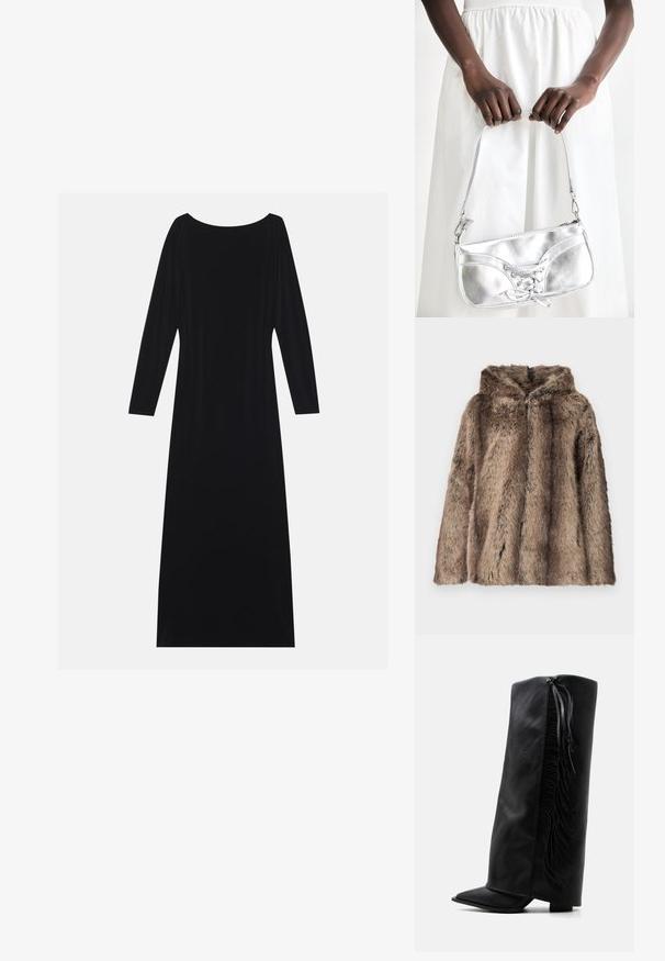 Abrigo de piel sintética en tonos marrones, con capucha, textura suave y ajuste relajado. La tela presenta diferentes longitudes de pelo para mayor detalle.; Vestido negro de manga larga con escote redondo, hecho de una tela suave. Presenta una silueta fluida y un diseño minimalista sin patrones.; Bota negra de cuero hasta la rodilla con puntera puntiaguda y flecos decorativos a lo largo del lateral exterior sobre un fondo blanco liso.; Bolso metálico plateado con detalle de cordones, que presenta un diseño elegante y una correa corta. El bolso está sostenido con las manos, mostrando su textura.