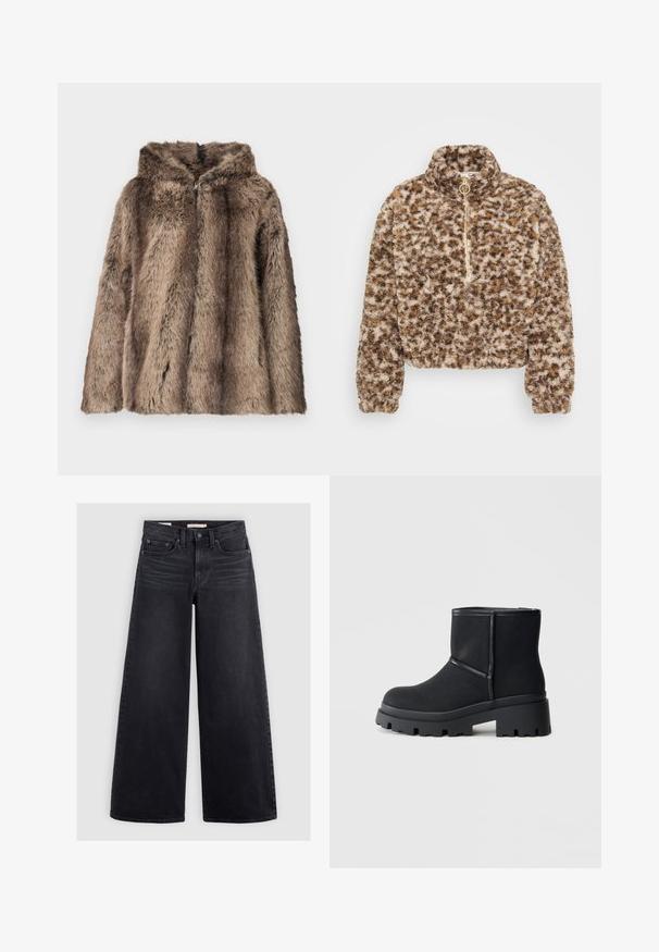 Fuskepelsfrakke i brune nuancer med hætte, blød tekstur og løs pasform. Stoffet har hår i forskellige længder for detaljer.; Fuskepels pullover i brune og beige mønstre, med høj krave, kvart lynlås og elastiske manchetter for en tætsiddende pasform.; Bredbenede sorte jeans lavet af denim, med høj talje, fem lomme-design og subtilt slid langs forsiden.; Sorte ankelskafter med en kraftig sål, glat mat finish, rundet tå og syningsdetaljer langs overdelen. Tyk, tekstureret ydersål.