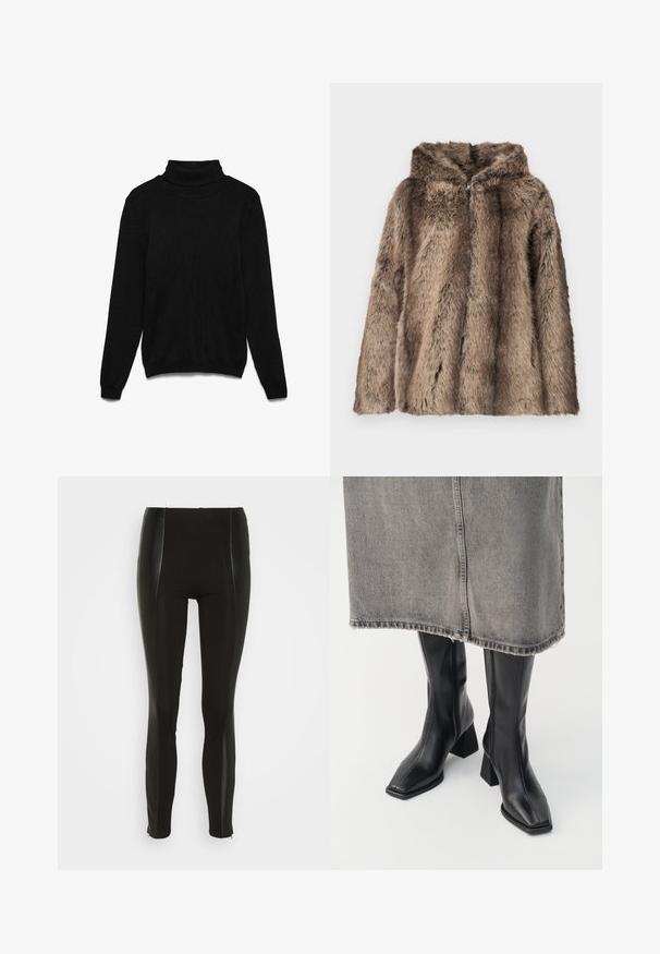 Fuskepelsfrakke i brune nuancer med hætte, blød tekstur og løs pasform. Stoffet har hår i forskellige længder for detaljer.; Sort rullekrave-trøje lavet af strikket stof. Har lange ærmer, ribbet krave og en afslappet pasform. Ingen synlige mønstre eller detaljer.; Sorte leggings med høj talje, der har blanke sidestrimler og skarpe sømdetaljer. Tøjet er strækbart med en glat tekstur.; Sorte knæhøje støvler i glat læder med firkantet tå og blokeret hæl. Båret med en grå denimnederdel med flosset kant.