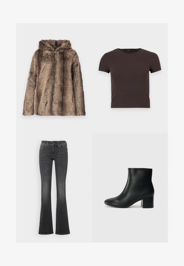 Manteau en fausse fourrure aux tons marron, avec une capuche, une texture douce et une coupe décontractée. Le tissu présente des longueurs de poils variées pour plus de détails.; Crop top à manches courtes, marron foncé côtelé avec encolure ronde sur un fond clair uni.; Jean en denim gris foncé avec un léger délavage, taille mi-haute, fermeture à bouton et légère évasement aux ourlets.; Bottines en cuir noir avec un bout pointu et un talon épais. Texture lisse avec des accents minimalistes et un design élégant et ajusté.