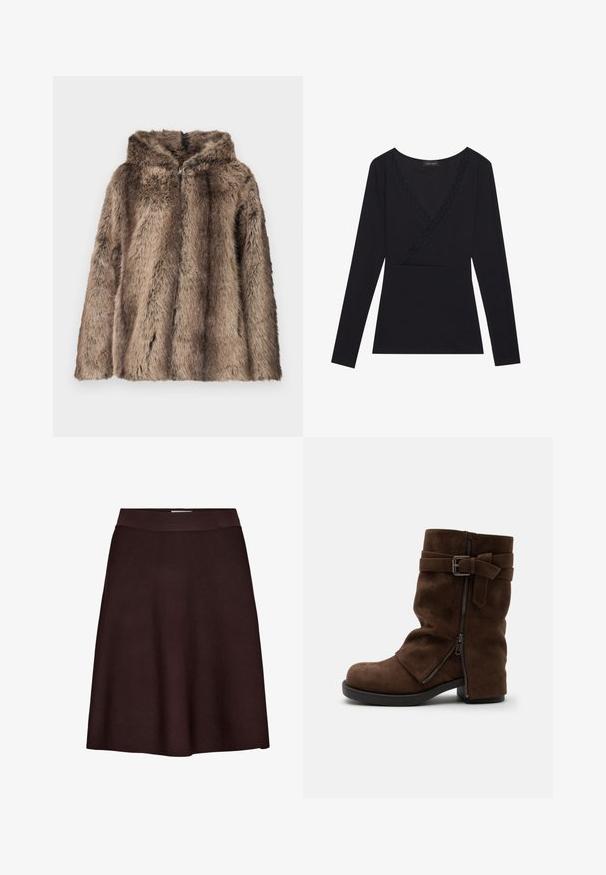 Fuskepelsfrakke i brune nuancer med hætte, blød tekstur og løs pasform. Stoffet har hår i forskellige længder for detaljer.; Sort langærmet top med indpakningsdesign, der har en V-halsudskæring trimmet med blonder, lavet af blødt stof med en tætsiddende silhuet.; Mørkebrun A-formet nederdel med en tætsiddende linning, lavet af et glat, tekstureret stof, vist på en hvid baggrund.; Brun ruskind mid-kalv støvle med sidelås, lav blokhæl og dekorativ rem med metalspænde på hvid baggrund.