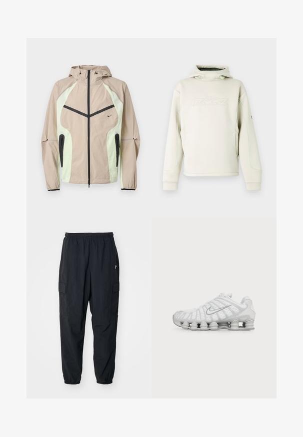 Beige und hellgrüne Kapuzenjacke mit schwarzem vertikalem Frontreißverschluss, seitlichen Reißverschlusstaschen und kleinem schwarzem Nike-Logo auf der Brust.; Cremefarbener Hoodie mit hohem Kragen und Kordelzug, dezentes eingeprägtes Logo auf der Brust sowie grüne Paspeln an Ärmeln und Seiten.; Schwarze Cargo-Hosen aus leichtem Material mit einem elastischen Bund, Seitentaschen und einer lockeren Passform mit elastischen Bündchen.; Weißer Nike Laufschuh mit sichtbarer luftgepolsterter Sohle und silbernem Swoosh-Logo an der Seite, von der Außenseite gezeigt.