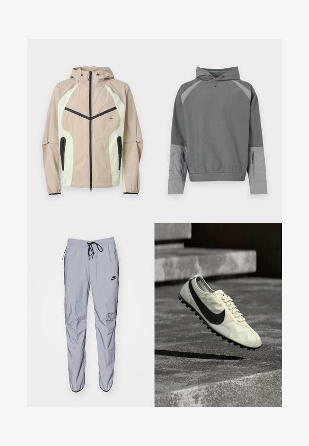 Béžová a svetlozelená kapucňová bunda s čiernym vertikálnym predným zipsom, zipsovanými bočnými vreckami a malým čiernym logom Nike na hrudi.; Sivá mikina s kapucňou s textúrovaným sivým telom, raglánovými rukávmi, predným vreckom a detailom so zipsom na boku. Na hrudi čierne logo.; Svetlo šedé tepláky vyrobené z hladkej, ľahkej tkaniny s čiernymi akcentmi. Majú elastický pás s šnúrkou a bočné vrecká.; Biela teniska Nike s čiernym logom Swoosh, šnúrkami a gumovou podrážkou s trakciou, zobrazená vo vzduchu nad betónovým schodiskom.