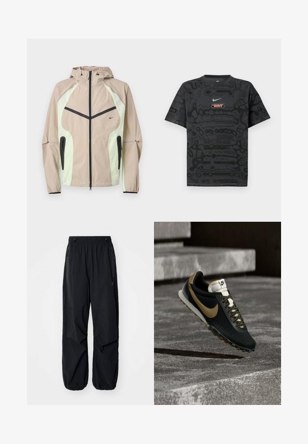 Béžová a svetlozelená kapucňová bunda s čiernym vertikálnym predným zipsom, zipsovanými bočnými vreckami a malým čiernym logom Nike na hrudi.; Čierne tričko s textúrovaným vzorom, s malým logom Nike v svetlomodrej farbe a obdĺžnikovou nášivkou s logom v kontrastných farbách.; Čierne ľahké cargo nohavice s elastickým pásom, bočnými zipsami a priestrannými vreckami. Majú voľný strih a zúžené manžety.; Čierno-zlatá bežecká obuv Nike s textúrovaným zvrškom a vzorovanými šnúrkami vznášajúca sa nad drsným betónovým povrchom a schodmi.