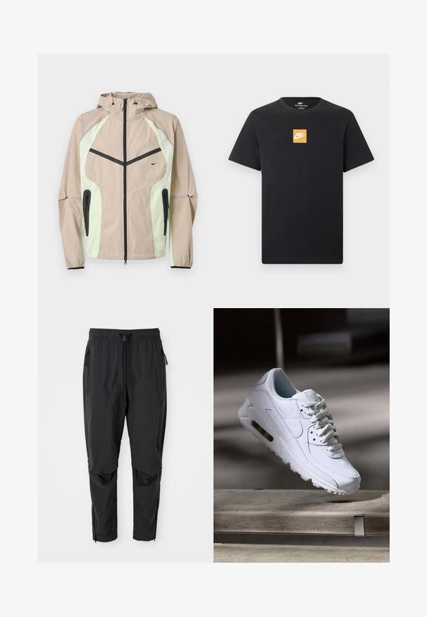 Béžová a svetlozelená kapucňová bunda s čiernym vertikálnym predným zipsom, zipsovanými bočnými vreckami a malým čiernym logom Nike na hrudi.; Čierne tričko s krátkym rukávom značky Nike s malým oranžovým štvorcovým logom a bielym logom Nike Swoosh umiestneným v strede na hrudi.; Čierne ľahké nohavice s elastickým pásom, sťahovacou šnúrkou, bočnými vreckami na zips, vystuženými kolenami a zipsami na členkoch.; Biele kožené tenisky s textúrovanými povrchmi, polstrovaným golierom a viditeľným vzduchovým odpružením v podrážke. Majú šnúrky a minimalistický dizajn.