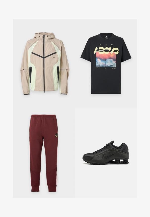Beež ja heleroheline kapuutsiga jakk musta vertikaalse esilukuga, lukuga küljetaskutega ja väikese musta Nike logoga rinnal.; Mustast puuvillast T-särk, millel on pilte pilvedest, roosast ja sinisest taevast ning laiade kollaste tähtedega tekst "LEND ÜLE" ja "PIIRANGUT EI OLE."; Bordoo dressipüksid kuusnurkse Nike logoga, elastse vöökohtaga, kahe külgtaskuga ja valgete külgtriipudega. Struktuurne kangas ja kitsenev jalgade disain.; Mustad mustat jooksujalad, millel on sile sünteetiline ülemus, perforatsioonid, tekstureeritud külgpaneelid ja eristuv elastne tall.