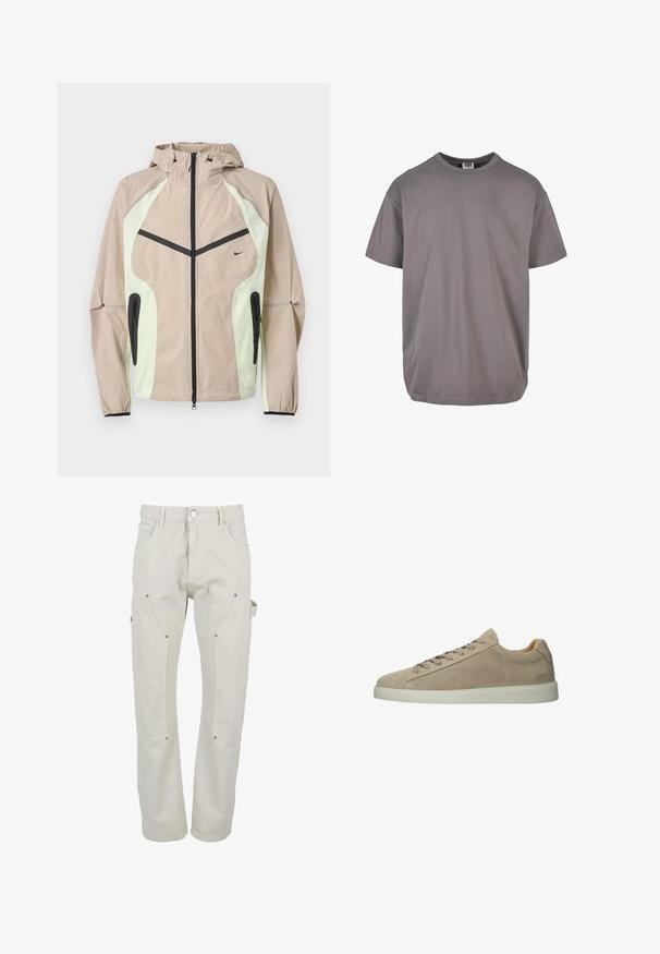 Beige og lysegrøn hættetrøjejakke med sort lodret lynlås foran, lynlåslommer i siderne og lille sort Nike-logo på brystet.; Grå bomulds T-shirt med rund halsudskæring og korte ærmer. Har en afslappet pasform og en glat tekstur. Ingen mønstre eller dekorationer.; Lyse beige cargobukser lavet af holdbart bomuld. Har flere lommer, trykknapper og et design med lige ben.; Beige ruskind lavt snøresko med snørelukning og hvid gummisål, vist fra siden på en hvid baggrund.