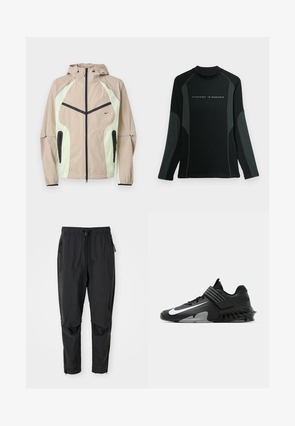 Béžová a svetlozelená kapucňová bunda s čiernym vertikálnym predným zipsom, zipsovanými bočnými vreckami a malým čiernym logom Nike na hrudi.; Čierna polokošeľa s dlhým rukávom a vysokým golierom, vyrobená z textúrovaného materiálu. Má sivé bočné panely a logo "NIKE TECH" na hrudi.; Čierne ľahké nohavice s elastickým pásom, sťahovacou šnúrkou, bočnými vreckami na zips, vystuženými kolenami a zipsami na členkoch.; Čierne športové topánky s elegantným dizajnom, ktoré obsahujú výrazné biele logo Nike, textúrované prekrytia a charakteristickú tvarovanú podrážku.