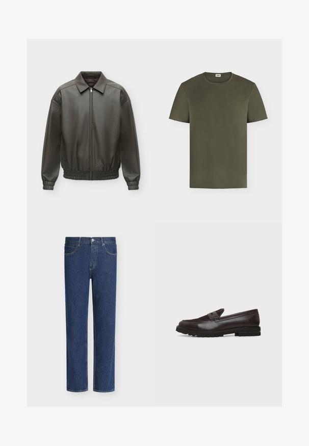 Veste en cuir vert olive foncé avec fermeture éclair sur le devant, col, poignets élastiques et ceinture élastique, présentée sur un fond clair uni.; T-shirt uni vert olive à manches courtes et col rond avec une petite étiquette blanche à l'arrière à l'intérieur du col sur fond blanc.; Jean en denim bleu à jambes droites avec fermeture par bouton et zip, poches avant et passants de ceinture sur fond blanc.; Mocassin penny en cuir et daim marron foncé avec semelle épaisse en caoutchouc noir, profil latéral sur fond blanc.
