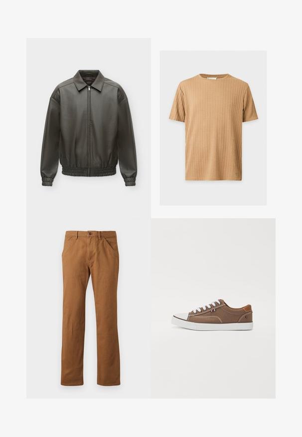 Veste en cuir vert olive foncé avec fermeture éclair sur le devant, col, poignets élastiques et ceinture élastique, présentée sur un fond clair uni.; T-shirt beige à manches courtes avec motif en tricot torsadé vertical texturé et col rond sur fond blanc.; Pantalons en coton marron à coupe droite, avec une fermeture à bouton, des poches latérales et une texture lisse. Convient pour une tenue décontractée.; Baskets en toile brunes avec lacets blancs, embout en caoutchouc et accents contrastants beige sur le talon, présentant un petit emblème tricolore.