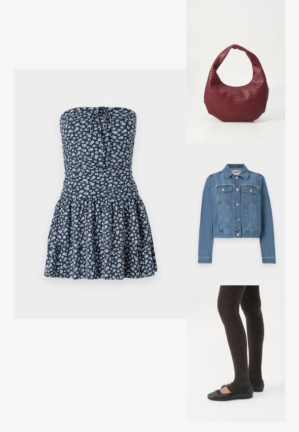 Blaue Jeansjacke mit Knopfleiste, zwei Brusttaschen mit Knopfklappen, langen Ärmeln und einem Kragen, flach auf einem weißen Hintergrund ausgelegt.; Ärmelloses Blumenkleid in Marineblau mit weißen Blumen. Verfügt über einen schmalen Oberteil und einen gestuften Volantrock. Hergestellt aus leichtem Stoff.; Beine in dunklen, gerippten Leggings kombiniert mit schwarzen Ballerinas mit kleinen Schleifendetails auf weißem Hintergrund.; Geflochtener burgunderfarbener Handtasche mit einer runden Silhouette, einem einzelnen Griff und einer strukturierten Oberfläche. Reißverschluss oben.