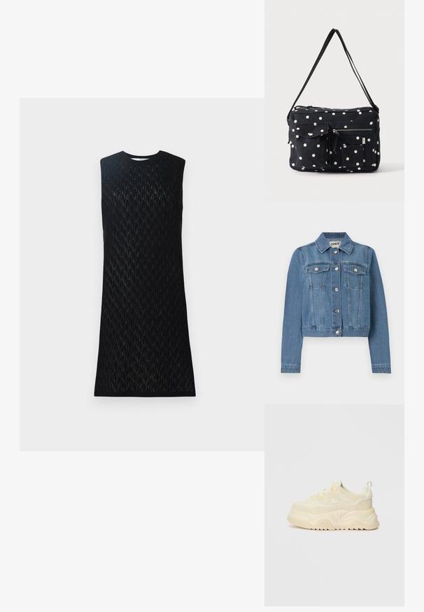 Blaue Jeansjacke mit Knopfleiste, zwei Brusttaschen mit Knopfklappen, langen Ärmeln und einem Kragen, flach auf einem weißen Hintergrund ausgelegt.; Schwarzes ärmelloses Kleid mit einem strukturierten Rautenmuster, ausgestattet mit einem Rundhalsausschnitt und einer geraden Silhouette, aus leichtem Strickmaterial gefertigt.; Klobige, cremeweiße Sneakers aus strukturiertem Wildleder und glatten Akzenten, mit dicker Sohle, Schnürverschluss und prominentem Logo an der Ferse.; Schwarze Umhängetasche mit weißen Polka-Dots, mehreren Vordertaschen, einem Reißverschluss und verstellbarem Träger auf einfarbigem Hintergrund.