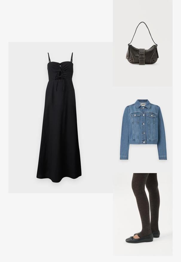 Veste en denim bleu avec fermeture à boutons, deux poches poitrine avec rabats à boutons, manches longues et col, posée à plat sur un fond blanc.; Robe maxi noire sans manches avec fines bretelles, bustier froncé et détail noué devant à la taille.; Jambes portant des leggings côtelés foncés associés à des ballerines noires avec de petits détails en nœud sur fond blanc.; Sac à épaule en cuir noir avec une sangle à boucle, des bords arrondis et des coutures blanches contrastées sur un fond uni.