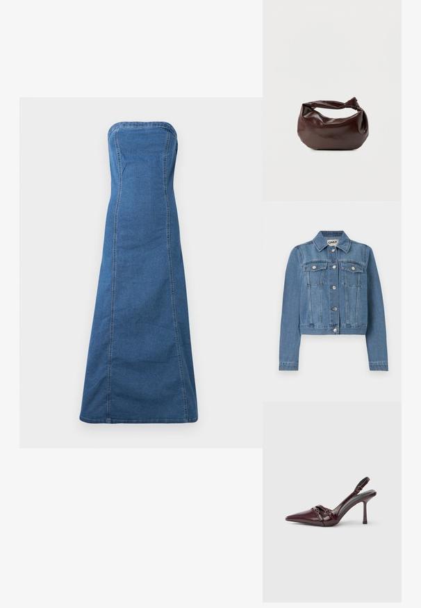 Blå denimjakke med knaplukning foran, to brystlommer med knapklapper, lange ærmer og en krave, lagt fladt på en hvid baggrund.; Blå denim stropløs kjole i medium farve med en lige silhuet, der har synlige sømme og en glat tekstur.; Bourgogne laklæder slingback-hæl med spids tå, tynd ankelrem og lille dekorativ spænde. Glat tekstur og høj hæl.; Mørkebrun læder skuldertaske med en blød, afslappet form og et snoet knudehåndtag på en ensartet hvid baggrund.