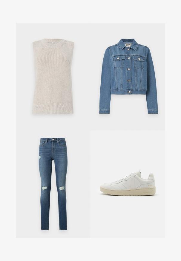Veste en denim bleu avec fermeture à boutons, deux poches poitrine avec rabats à boutons, manches longues et col, posée à plat sur un fond blanc.; Top sans manches en tricot de couleur beige clair avec une texture côtelée, un col rond et des détails tricotés le long des épaules et de l'ourlet.; Jean skinny bleu avec des détails délavés et des déchirures usées sur les cuisses et les genoux, doté de poches avant et d'une fermeture à bouton.; Baskets en cuir blanc avec une boîte à orteils perforée, semelle en caoutchouc beige contrastante et accents de logo sur le côté et le talon. Design minimaliste.