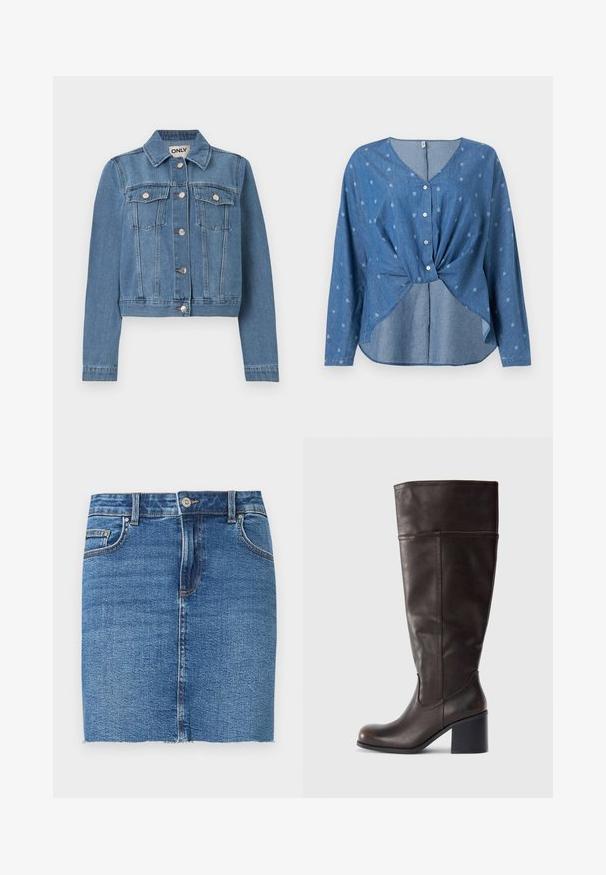 Veste en denim bleu avec fermeture à boutons, deux poches poitrine avec rabats à boutons, manches longues et col, posée à plat sur un fond blanc.; Blouse bleue à manches longues avec boutons, imprimé de petits motifs paisley blancs, avec un détail torsadé à l'avant et un décolleté en V.; Mini-jupe en denim bleu avec fermeture avant à boutons et zip, poches avant et poche monnaie, et ourlet brut.; Botte en cuir marron hauteur genou avec un bout rond et un talon empilé. Présente une texture lisse et des coutures latérales.