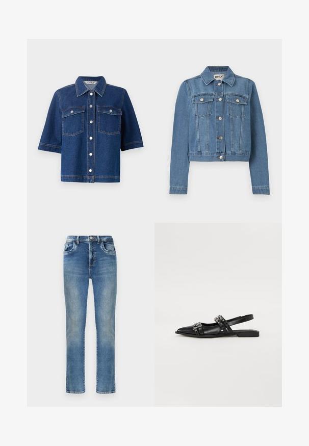 Blaue Jeansjacke mit Knopfleiste, zwei Brusttaschen mit Knopfklappen, langen Ärmeln und einem Kragen, flach auf einem weißen Hintergrund ausgelegt.; Dunkelblaue Jeansjacke mit kurzen Ärmeln, zwei Brusttaschen, silbernen Druckknöpfen und einem kragenförmigen Halsauschnitt.; Gerade geschnittene blaue Jeans aus Denim mit verwaschenem Look, vorderer Knopfleiste, Reißverschluss, Gürtelschlaufen und klassischem Fünf-Taschen-Design.; Even&Odd by Zalando Sling-Ballerina - black