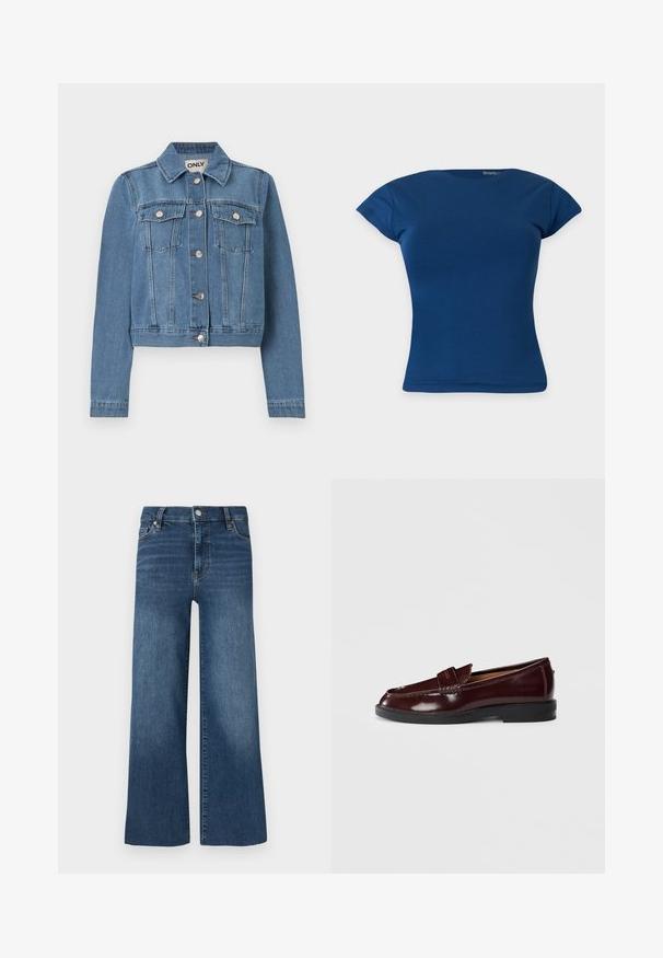 Veste en denim bleu avec fermeture à boutons, deux poches poitrine avec rabats à boutons, manches longues et col, posée à plat sur un fond blanc.; T-shirt bleu ajusté à manches courtes avec encolure ronde, présenté sur un fond clair uni.; Jean denim à jambes larges, teinte bleu moyen, doté d'une fermeture par bouton et glissière, cinq poches et des détails de couture subtils.; Mocassin en cuir bourgogne foncé avec une semelle noire, détail de bande de penny et un petit talon, présenté de l'extérieur sur fond blanc.