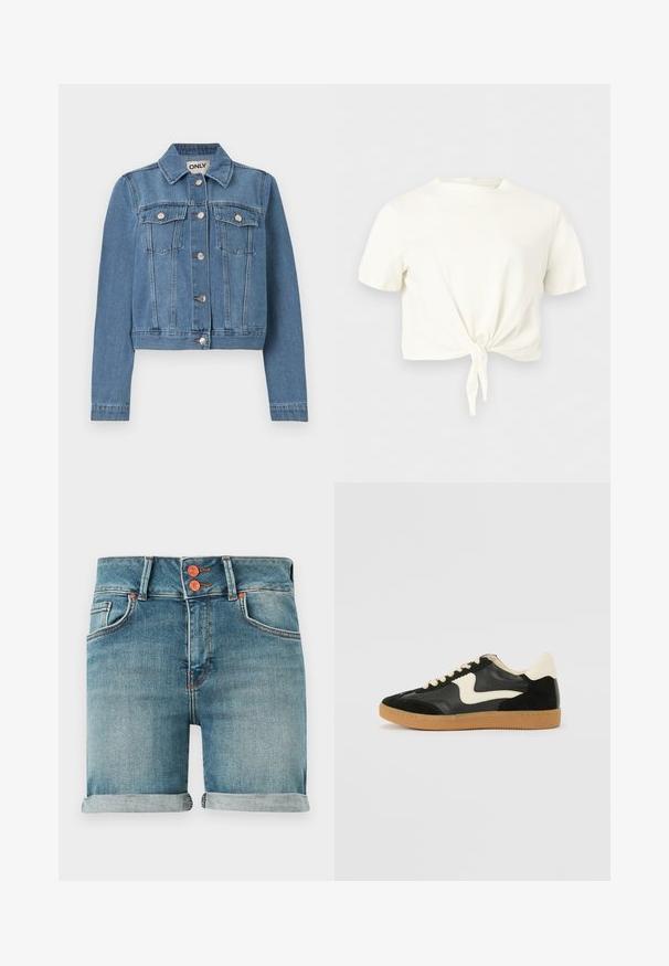 Veste en denim bleu avec fermeture à boutons, deux poches poitrine avec rabats à boutons, manches longues et col, posée à plat sur un fond blanc.; Crop top blanc à manches courtes avec col rond et détail noué à l'avant sur fond clair uni.; Shorts en denim bleu avec ourlets roulés, double bouton en cuivre, poches avant et passants pour ceinture sur un fond uni.; Baskets en daim et cuir noir avec un swoosh latéral crème et un talon crème clair. Dotées de lacets beige et d'une semelle en caoutchouc gomme.