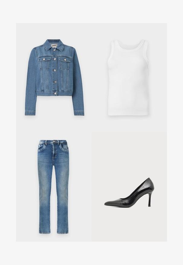 Veste en denim bleu avec fermeture à boutons, deux poches poitrine avec rabats à boutons, manches longues et col, posée à plat sur un fond blanc.; Débardeur sans manches en coton blanc côtelé avec encolure ronde, présenté à plat sur un fond gris clair.; Jean en denim bleu à coupe droite avec une décoloration usée, bouton avant, braguette zippée, passants pour ceinture et design classique à cinq poches.; Chaussure à talon haut pour femme en cuir verni noir avec bout pointu et talon fin sur fond clair uni.