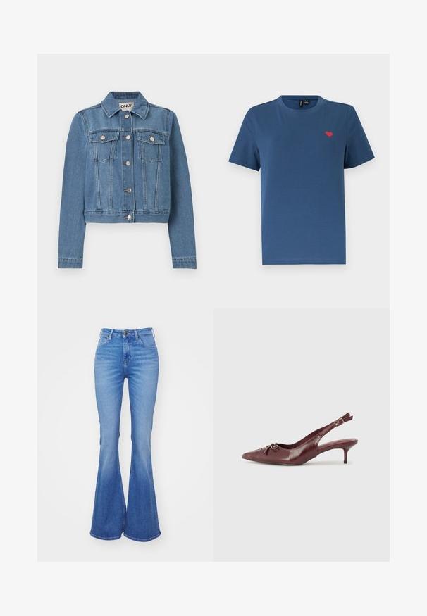 Blå denimjakke med knaplukning foran, to brystlommer med knapklapper, lange ærmer og en krave, lagt fladt på en hvid baggrund.; Blå kortærmet T-shirt med rund hals og et lille rødt hjerteemblem på venstre bryst mod en ensfarvet hvid baggrund.; Lyseblå, trompetformede jeans lavet af denim, med høj talje, fem lommer og en let falmende farve mod kanten. Sølvfarvet knaplukning.; Bordeaux læder slingback hæl med spidse tå, justerbar rem og dekorativ sløjfedetalje foran. 7,5 cm hælhøjde.