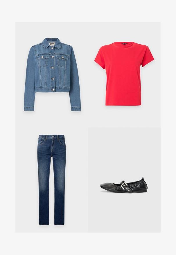 Blaue Jeansjacke mit Knopfleiste, zwei Brusttaschen mit Knopfklappen, langen Ärmeln und einem Kragen, flach auf einem weißen Hintergrund ausgelegt.; Knallrotes T-Shirt mit kurzen Ärmeln und Rundhalsausschnitt, schlichtes Design und sichtbare Etikette innen am Halsausschnitt vor grauem Hintergrund.; Dunkelblaue Denim-Jeans im geraden Schnitt, mit fünf Taschen, kontrastierendem Nähen und einem Reißverschluss.; Schwarze Leder-Ballerinas mit spitzem Zehenbereich, gerafften Details am Schaft und einem silbernen Schnallenakzent am verstellbaren Riemen.