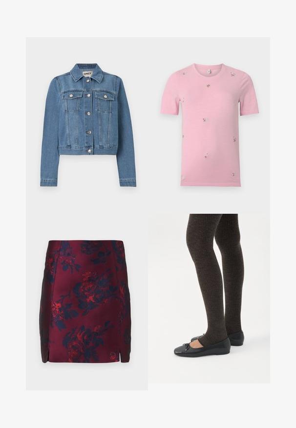 Veste en denim bleu avec fermeture à boutons, deux poches poitrine avec rabats à boutons, manches longues et col, posée à plat sur un fond blanc.; T-shirt rose à manches courtes avec petits motifs floraux brodés éparpillés de différentes couleurs, col rond, fond uni.; Jupe à motif floral bourgogne avec des accents bleu marine, fabriquée en tissu lisse. Présente des fentes latérales et un motif floral texturé sur l'ensemble.; Jambes portant des leggings côtelés foncés associés à des ballerines noires avec de petits détails en nœud sur fond blanc.