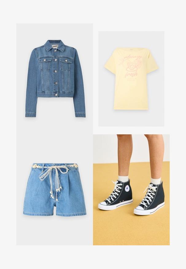 Blå denimjakke med knaplukning foran, to brystlommer med knapklapper, lange ærmer og en krave, lagt fladt på en hvid baggrund.; Bleg gul T-shirt med pink grafik af appelsinskiver og tekop og teksten "altid frisk solskin i hver tår" på forsiden.; Lyseblå cowboyshorts med høj talje, læg, forlommer, bæltestropper og et hvidt rebssbælte med træperler bundet i en sløjfe.; Høje sneakers i mørkeblåt kanvas med hvide gummisåler, snørebånd og detaljer. Har et rundt logo og hvide syninger.