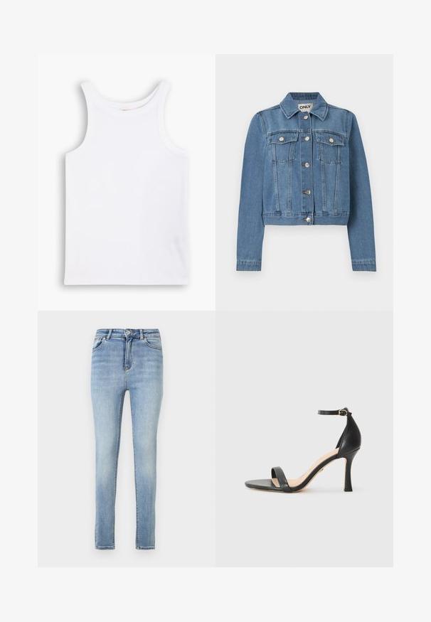 Veste en denim bleu avec fermeture à boutons, deux poches poitrine avec rabats à boutons, manches longues et col, posée à plat sur un fond blanc.; Débardeur en coton blanc avec de larges bretelles, un col rond et une texture lisse et côtelée. Aucun motif ni accent présent.; Jeans skinny en denim bleu clair, présentant une taille haute, une décoloration subtile, un design à cinq poches standard et une fermeture éclair avec bouton.; Sandale à talons hauts en cuir noir avec une fine bride de cheville, bout ouvert et un talon élégant et courbé. Semelle texturée et design minimaliste.