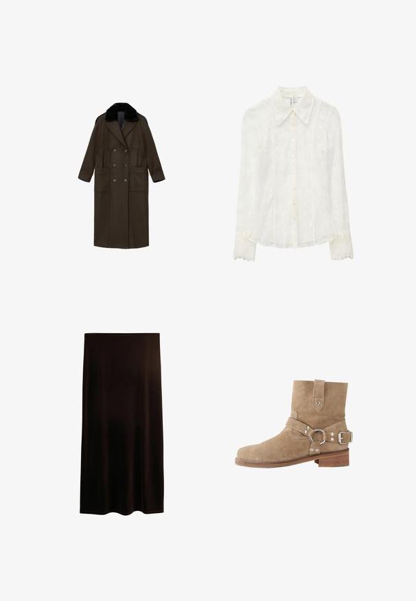 Langer, taillierter Doppelreißverschlussmantel aus dunkelolivgrünem Stoff mit einem schwarzen Fellkragen, zwei vorderen Taschen und einer eleganten Silhouette.; Weiße Spitzenbluse mit langen Ärmeln, Knopfleiste vorne und Kragen. Verziert mit zarten Blumenmustern und gezackten Spitzenmanschetten.; Schwarze knielange, gerade geschnittene Rock mit glatter Textur und einem einfachen Gummibund.; Beiger Wildleder-Stiefelette mit abgerundetem Zehenbereich, verstellbarem Riemen mit Metallring und niedrigem Holzabsatz. Glatte Textur insgesamt.