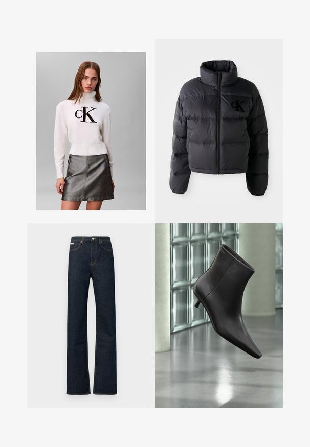 Veste doudoune noire, design court avec col haut, présentant des sections matelassées horizontales et une fermeture éclair à l'avant. Logo brodé sur la poitrine.; Jeune femme portant un pull à col roulé blanc avec le logo noir "CK" et une jupe en cuir gris foncé métallisée, debout devant un fond uni.; Jean en denim bleu foncé à jambes droites, avec des coutures orange, une fermeture à boutons à l'avant, et une petite étiquette sur la ceinture.; Bottine en cuir noir avec bout pointu et petit talon, présentée devant un mur en blocs de verre et un sol poli.