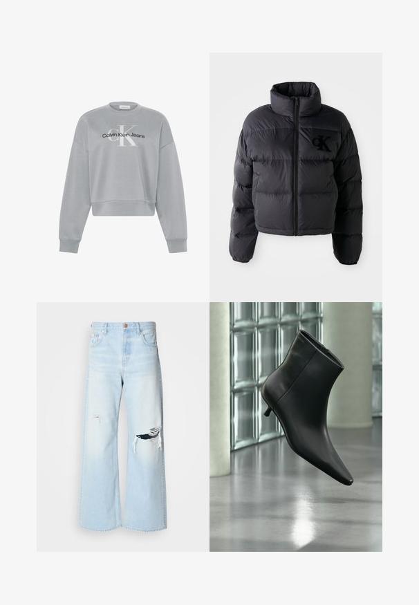 Schwarze Puffjacke, kurze Konstruktion mit hohem Kragen, mit horizontalen gesteppten Abschnitten und einem Frontreißverschluss. Besticktes Logo auf der Brust.; Hellgraues, kurz geschnittenes Sweatshirt mit langen Ärmeln, auf der Vorderseite mittig mit weißem "cK" und schwarzem "Calvin Klein Jeans" Logo.; Helle blaue, weit geschnittene Jeans aus Denim mit hoher Taille, großen Rissen an den Knien und einem klassischen Fünf-Taschen-Design mit kupferfarbenen Beschlägen.; Schwarzer Leder-Stiefelette mit spitzer Zehenpartie und niedrigem Kitten-Heel, schräg dargestellt vor einem polierten Boden und einer Glasbausteinwand.