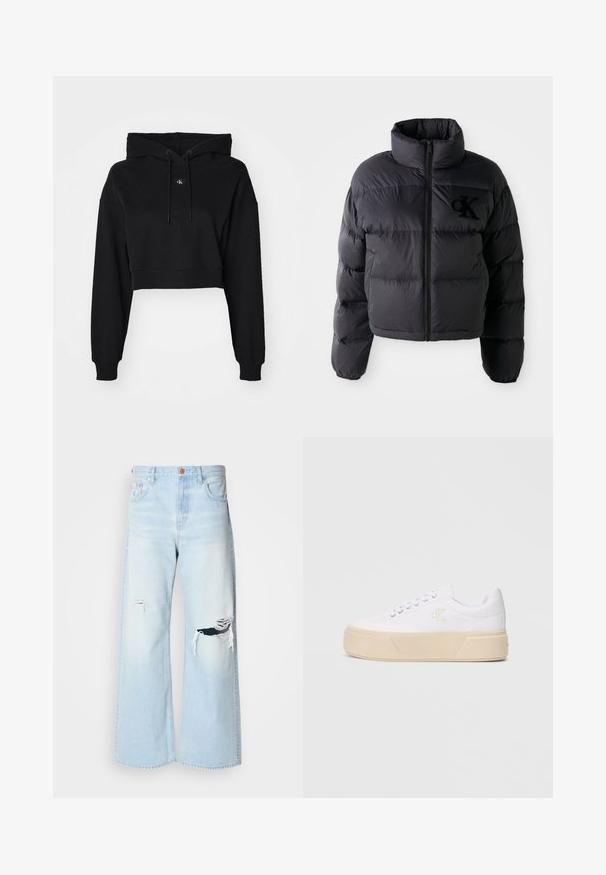 Musthave must vest, lühikese disainiga ja kõrge kraega, millel on horisontaalselt tikitud osad ja esi tõmblukk. Rinnal on broderitud logo.; Mustmust must-hall, kus pikkade varrukatega, nööri kapuuts, pehme puuvillane materjal ja keskosas diskreetne logo. Klassikalised ribadest mansetid.; Heledad sinised laiad teksad on valmistatud denimist, kõrge talje, suurte rebenemistega põlvedes ja klassikalise viie taskuga disainiga, millel on vaskdetailid.; Valged kanvas tossud, mis on varustatud massiivse beeži platvormi tallaga, millel on külgedel diskreetne tikandlogoga ja klassikaline paeltega kinnitamine.