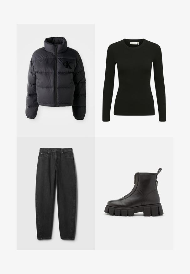Schwarze Puffjacke, kurze Konstruktion mit hohem Kragen, mit horizontalen gesteppten Abschnitten und einem Frontreißverschluss. Besticktes Logo auf der Brust.; Schwarzes Langarm-Rippoberteil mit Rundhalsausschnitt und taillierter Passform. Der Stoff wirkt weich, mit einem leichten Stretch und subtiler Textur.; Schwarze Jeans aus Denim mit geradem Beinverlauf, ausgestattet mit fünf Taschen, einem Knopfverschluss und dezenten Ziernähten. Klassisches Design und Textur.; Schwarze Lederstiefeletten mit einer dicken, gerippten Sohle, seitlichem Reißverschluss und einer Schlaufe an der Rückseite. Glatte Textur und minimalistisches Design.