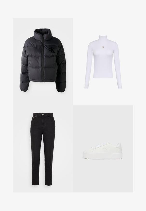 Musthave must vest, lühikese disainiga ja kõrge kraega, millel on horisontaalselt tikitud osad ja esi tõmblukk. Rinnal on broderitud logo.; Valge pika varrukaga kõrge kaelusega topp, millel on väike Calvin Kleini logo märk rinnal keskel.; Mustad kõrge vöökohaga kitsad teksad esiseppide, vöökummide ja viie taskuga disainiga valgel taustal.; Valged platvormiketid sileda nahkjalaga, ümmargune varvas, valged paelad ja peen logo detail küljel. Lame kummist tald.