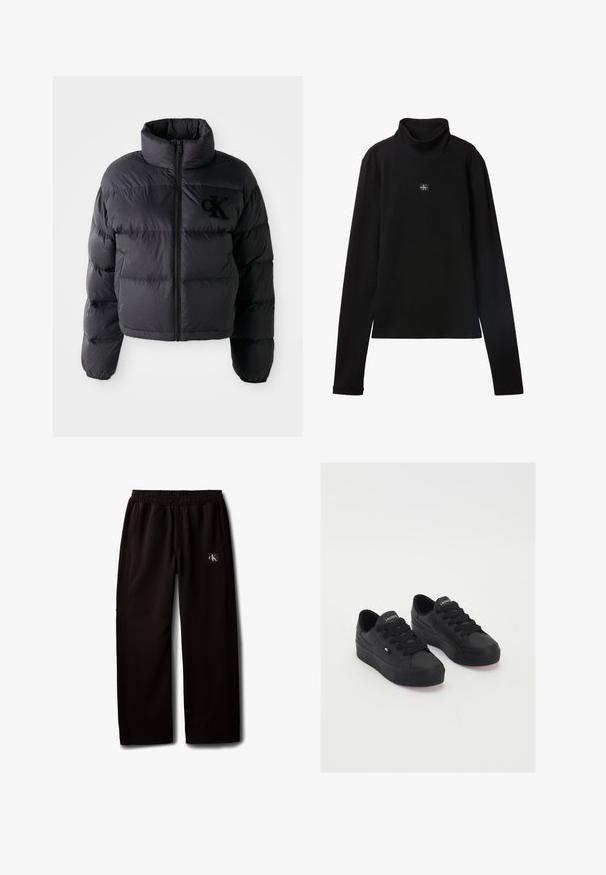 Schwarze Puffjacke, kurze Konstruktion mit hohem Kragen, mit horizontalen gesteppten Abschnitten und einem Frontreißverschluss. Besticktes Logo auf der Brust.; Schwarzes, geripptes Langarm-Top mit Rollkragen und kleinem quadratischem Calvin Klein Logo-Patch zentral auf der Brust.; Schwarze Wide-Leg-Hose mit elastischem Bund und Seitentaschen, mit einem kleinen Calvin Klein Logo-Patch am rechten Oberschenkel.; Schwarze Low-Top-Sneaker aus glattem Material, mit dicken Schnürsenkeln, einer strukturierten Sohle und einem kleinen Logo an der Seite und auf der Zunge.