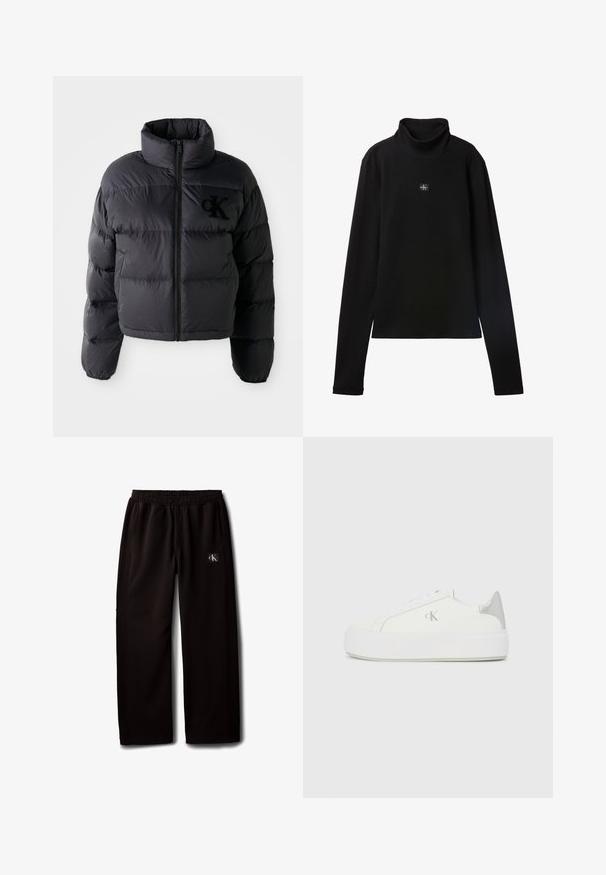 Chaqueta puffer negra, diseño corto con cuello alto, con secciones acolchadas horizontales y cremallera frontal. Logo bordado en el pecho.; Top negro de cuello alto acanalado de manga larga con un pequeño parche cuadrado con el logo de Calvin Klein centrado en el pecho.; Pantalones negros de pierna ancha con cintura elástica y bolsillos laterales, con un pequeño parche con el logo de Calvin Klein en el muslo derecho.; Zapatillas de lona blancas con una suela blanca gruesa, presentan un acento metálico plateado en el talón y un sutil detalle del logo en el lateral.
