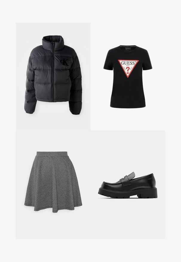 Veste doudoune noire, design court avec col haut, présentant des sections matelassées horizontales et une fermeture éclair à l'avant. Logo brodé sur la poitrine.; T-shirt en coton noir à manches courtes, arborant un logo graphique triangulaire rouge avec "GUESS® U.S.A." et un design de point d'interrogation.; Jupe patineuse à carreaux noir et blanc avec une taille ajustée et un ourlet évasé, fabriquée en tissu texturé affichant un motif classique.; Mocassins en cuir noir avec une semelle épaisse et texturée, dotés d'une sangle sur le vamp et d'une finition lisse et polie.