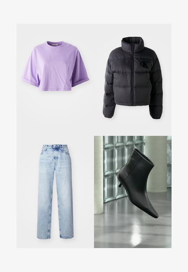 Chaqueta puffer negra, diseño corto con cuello alto, con secciones acolchadas horizontales y cremallera frontal. Logo bordado en el pecho.; Camiseta corta de manga corta en algodón de color morado claro. Presenta un cuello redondo y puños enrollados, con una textura suave y un detalle mínimo.; Jeans de tiro alto color azul claro con un corte holgado, que cuentan con piernas rectas, cinco bolsillos y un cierre clásico de botones y cremallera.; Botín negro de cuero con punta puntiaguda y tacón bajo estilo kitten, mostrado en ángulo sobre un suelo pulido y con una pared de bloques de vidrio de fondo.