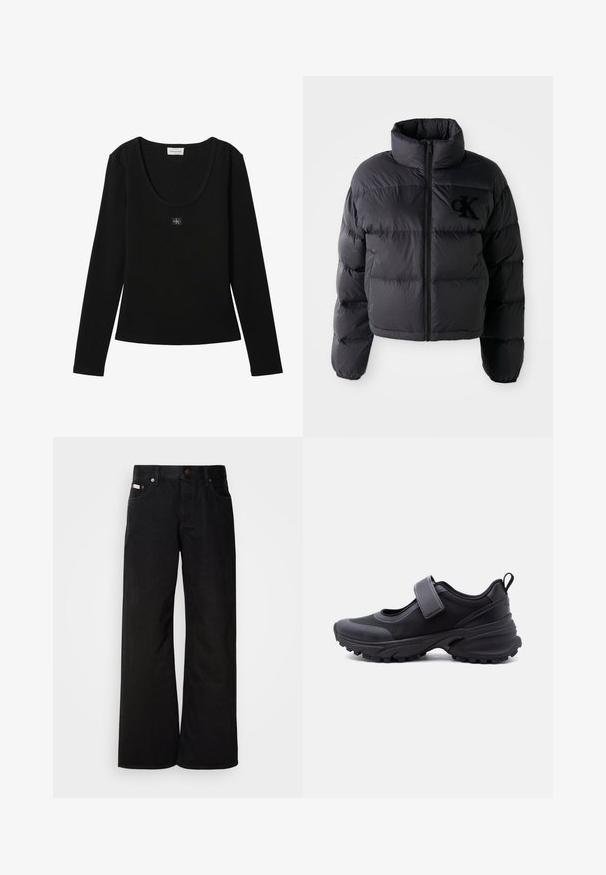 Sort pufferjakke, cropped design med høj krave, der har vandret quiltede sektioner og en frontlynlås. Broderet logo på brystet.; Sort langærmet ribbet top med rund halsudskæring og lille Calvin Klein logo patch centreret på brystet.; Sorte breddebenede jeans lavet af bomuld. Har forlommer, en knaplukning og en klassisk denimtekstur. Minimalistisk design uden mønstre.; Sort atletiksko med robust sål, justerbar rem over toppen og trække-øje ved hælen, vist i sideprofil mod hvid baggrund.
