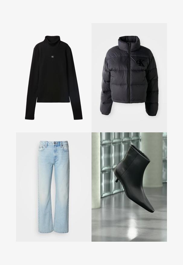 Chaqueta puffer negra, diseño corto con cuello alto, con secciones acolchadas horizontales y cremallera frontal. Logo bordado en el pecho.; Top negro de cuello alto acanalado de manga larga con un pequeño parche cuadrado con el logo de Calvin Klein centrado en el pecho.; Vaqueros de pierna ancha azul claro confeccionados en denim, con un diseño clásico de cinco bolsillos y una sutil textura deslavada. La costura del denim es visible.; Botín negro de cuero con punta puntiaguda y tacón bajo estilo kitten, mostrado en ángulo sobre un suelo pulido y con una pared de bloques de vidrio de fondo.