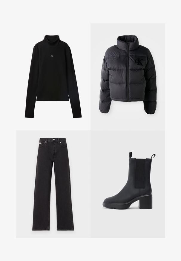 Chaqueta puffer negra, diseño corto con cuello alto, con secciones acolchadas horizontales y cremallera frontal. Logo bordado en el pecho.; Top negro de cuello alto acanalado de manga larga con un pequeño parche cuadrado con el logo de Calvin Klein centrado en el pecho.; Jeans anchos de mezclilla negros, con cintura alta, cinco bolsillos y cierre de botón metálico con costuras contrastantes.; Botín negro de tobillo hecho de un material de goma liso, con paneles laterales elásticos, tacón bloque y tiradores en la parte superior para facilitar su uso.